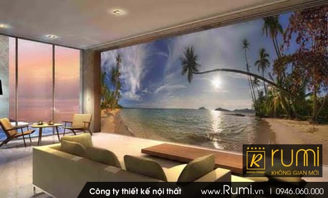 Trang trí nội thất phòng khách đẹp với tranh tường phong cảnh