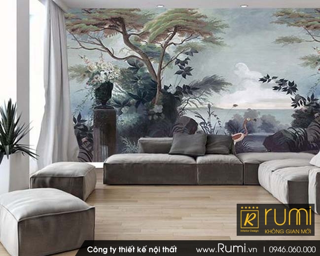 Trang trí nội thất phòng khách đẹp với tranh tường phong cảnh