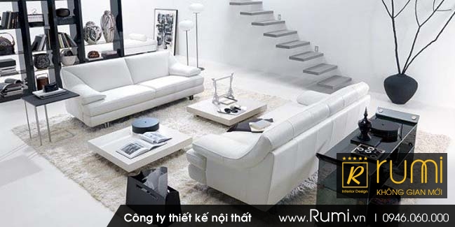 Thiết kế nội thất phòng khách với sắc màu trắng đen