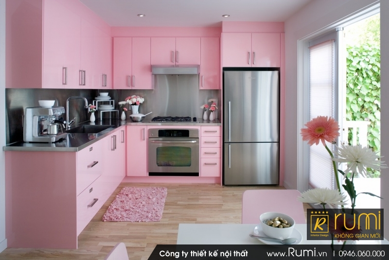 Mẫu phòng bếp với sắc hồng đẹp ngất ngây
